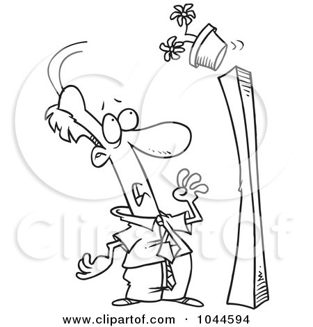 Royalty-Free (RF) Clip Art Illustration of a Cartoon Black And White Outline Design Of A Flower Pot Falling Over Onto A Businessman by toonaday