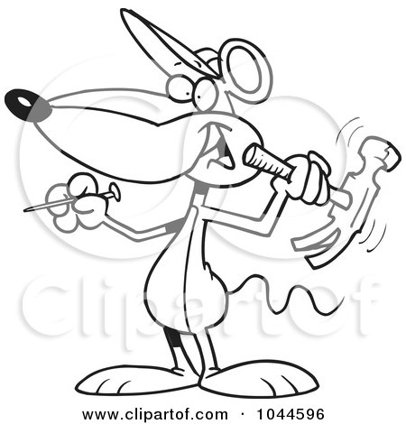 Royalty-Free (RF) Clip Art Illustration of a Cartoon Black And White Outline Design Of A Mouse Holding A Hammer by toonaday