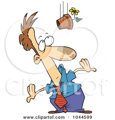 Royalty-Free (RF) Clip Art Illustration of a Cartoon Flower Pot Falling On A Businessman by toonaday