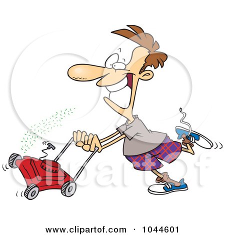 Royalty-Free (RF) Clip Art Illustration of a Cartoon Man Mowing His Lawn by toonaday