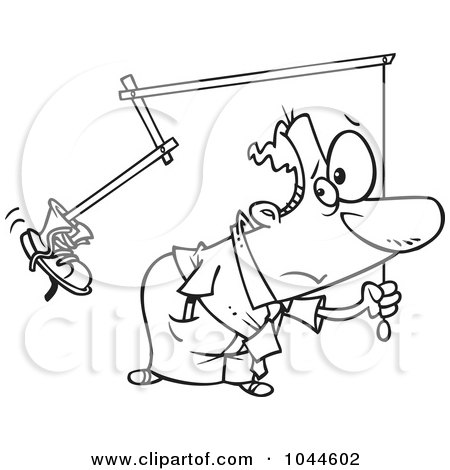 Royalty-Free (RF) Clip Art Illustration of a Cartoon Black And White Outline Design Of A Businessman Holding A Boot On A Stick by toonaday
