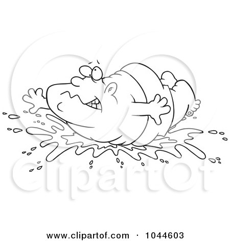 Royalty-Free (RF) Clip Art Illustration of a Cartoon Black And White Outline Design Of A Fat Man Doing A Belly Flop by toonaday
