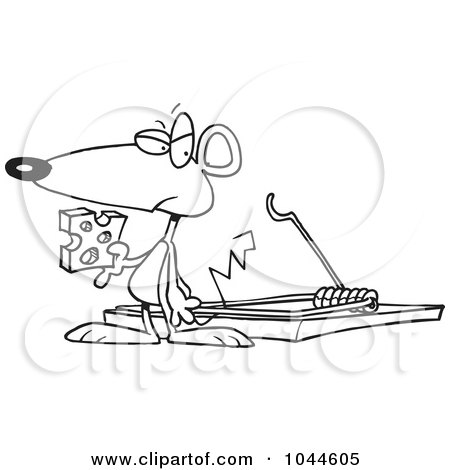 Royalty-Free (RF) Clip Art Illustration of a Cartoon Black And White Outline Design Of A Mouse Holding Cheese By A Trap by toonaday