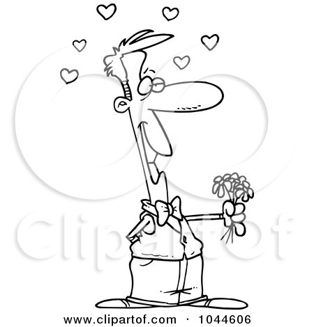 Royalty-Free (RF) Clip Art Illustration of a Cartoon Black And White Outline Design Of A Sweet Man Holding Out Flowers by toonaday