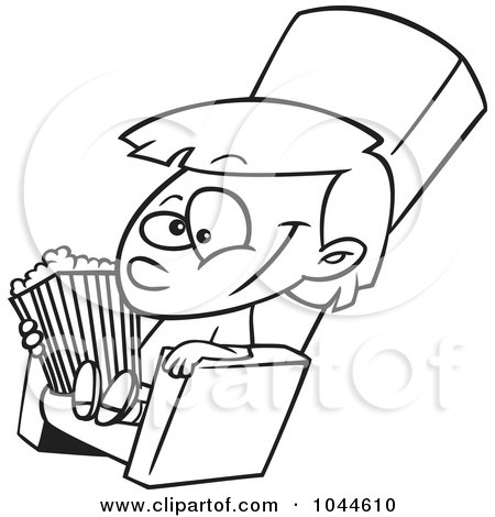 Royalty-Free (RF) Clip Art Illustration of a Cartoon Black And White Outline Design Of A Girl With Movie Popcorn by toonaday