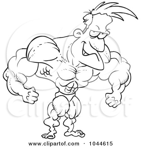 Royalty-Free (RF) Clip Art Illustration of a Cartoon Black And White Outline Design Of A Bodybuilder Flexing by toonaday