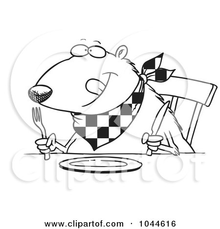 Royalty-Free (RF) Clip Art Illustration of a Cartoon Black And White Outline Design Of A Hungry Muskrat At A Table by toonaday