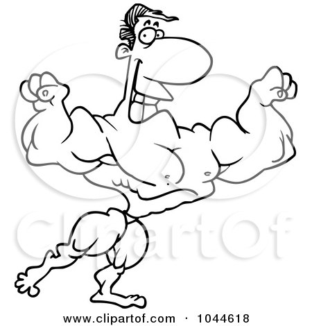 Royalty-Free (RF) Clip Art Illustration of a Cartoon Black And White Outline Design Of A Fleding Bodybuilder by toonaday