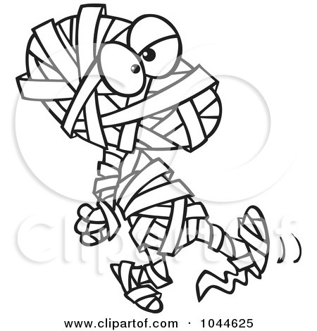 Royalty-Free (RF) Clip Art Illustration of a Cartoon Black And White Outline Design Of A Walking Mummy by toonaday