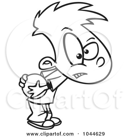 Royalty-Free (RF) Clip Art Illustration of a Cartoon Black And White Outline Design Of A Boy Hogging A Ball by toonaday