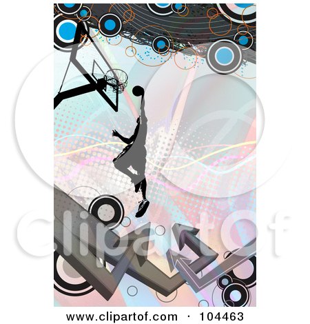 Royalty-Free (RF) Clipart Illustration of a Basketball Player Leaping Towards A Hoop On Pastels, With Arrows And Circles by Arena Creative
