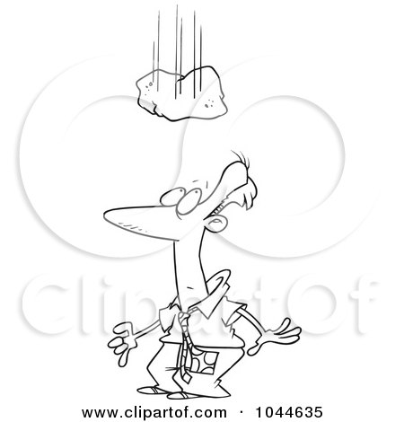 Royalty-Free (RF) Clip Art Illustration of a Cartoon Black And White Outline Design Of A Rock Falling Over A Businessman by toonaday
