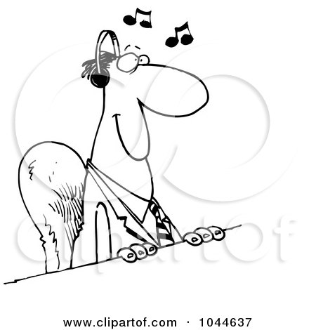 Royalty-Free (RF) Clip Art Illustration of a Cartoon Black And White Outline Design Of A Businessman Listening To Music At His Desk by toonaday
