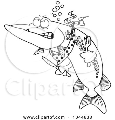 Royalty-Free (RF) Clip Art Illustration of a Cartoon Black And White Outline Design Of A Hungry Muskie Fish by toonaday