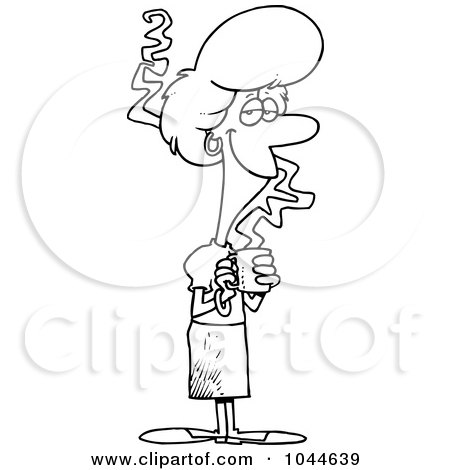 Royalty-Free (RF) Clip Art Illustration of a Cartoon Black And White Outline Design Of A Pleasant Businesswoman Holding Coffee by toonaday