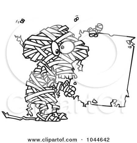 Royalty-Free (RF) Clip Art Illustration of a Cartoon Black And White Outline Design Of A Creepy Mummy Holding A Blank Sign by toonaday