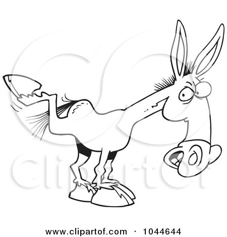 Royalty-Free (RF) Clip Art Illustration of a Cartoon Black And White Outline Design Of A Kicking Mule by toonaday
