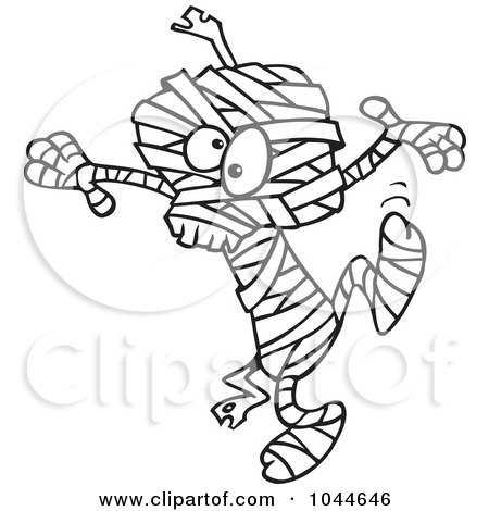 Royalty-Free (RF) Clip Art Illustration of a Cartoon Black And White Outline Design Of A Dancing Mummy by toonaday