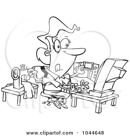 Royalty-Free (RF) Clip Art Illustration of a Cartoon Black And White Outline Design Of A Woman Sewing And Working At The Same Time by toonaday