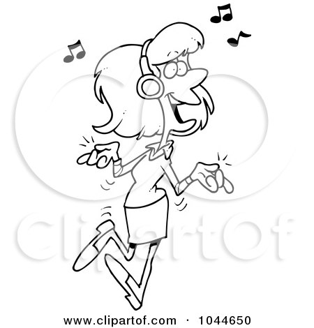 Royalty-Free (RF) Clip Art Illustration of a Cartoon Black And White Outline Design Of A Woman Dancing And Listening To Music by toonaday