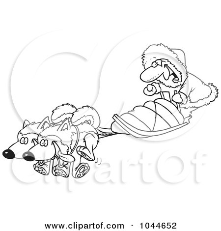 Royalty-Free (RF) Clip Art Illustration of a Cartoon Black And White Outline Design Of A Man With Sled Dogs by toonaday