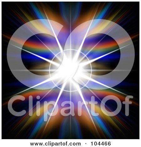 Royalty-Free (RF) Clipart Illustration of a Bright Flare Burst Over Colorful Fractals On Black by Arena Creative