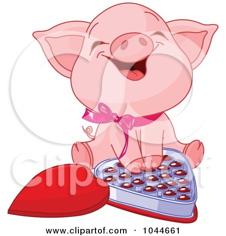 Royalty-Free (RF) Clip Art Illustration of a Cute Piglet Laughing Over A Box Of Valentine's Day Chocolates by Pushkin