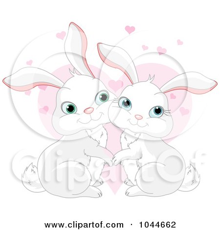 Royalty-Free (RF) Clip Art Illustration of a Loving Rabbit Pair Over Pink Hearts by Pushkin