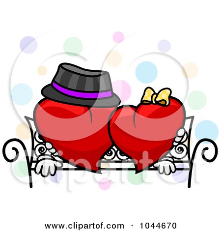 Royalty-Free (RF) Clip Art Illustration of a Cartoon Heart Couple Sitting On A Bench by BNP Design Studio
