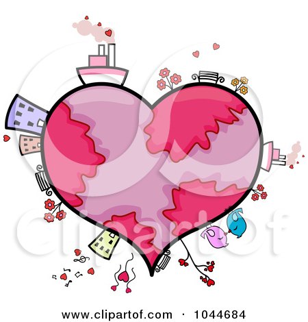 Royalty-Free (RF) Clip Art Illustration of a Heart Earth With Buildings, Transportation And Animals by BNP Design Studio