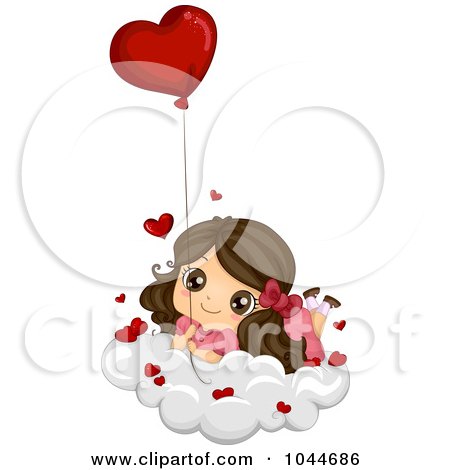 Royalty-Free (RF) Clip Art Illustration of a Cute Brunette Girl Resting On A Cloud With A Heart Balloon by BNP Design Studio