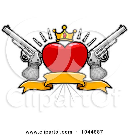 Royalty-Free (RF) Clip Art Illustration of a Heart Banner With A Crown And Guns by BNP Design Studio