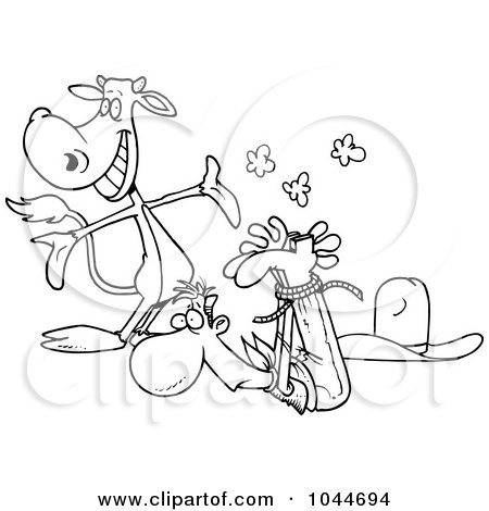 Royalty-Free (RF) Clip Art Illustration of a Cartoon Black And White Outline Design Of A Cow Presenting A Roped Up Cowboy by toonaday