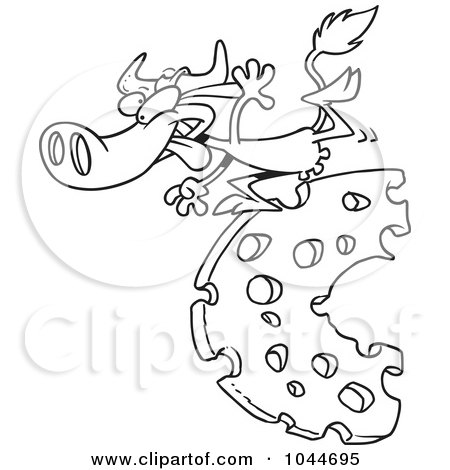 Royalty-Free (RF) Clip Art Illustration of a Cartoon Black And White Outline Design Of A Cow Running On Cheese by toonaday
