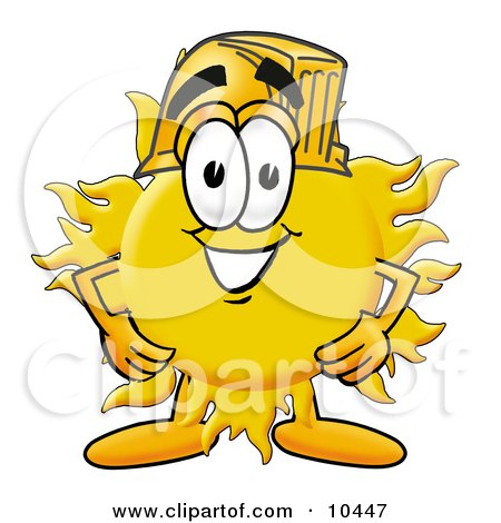 Clipart Picture of a Sun Mascot Cartoon Character Wearing a Helmet by Mascot Junction