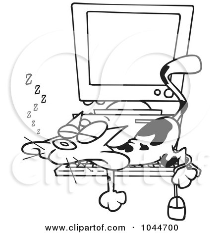 Royalty-Free (RF) Clip Art Illustration of a Cartoon Black And White Outline Design Of A Calico Cat Napping On A Keyboard by toonaday