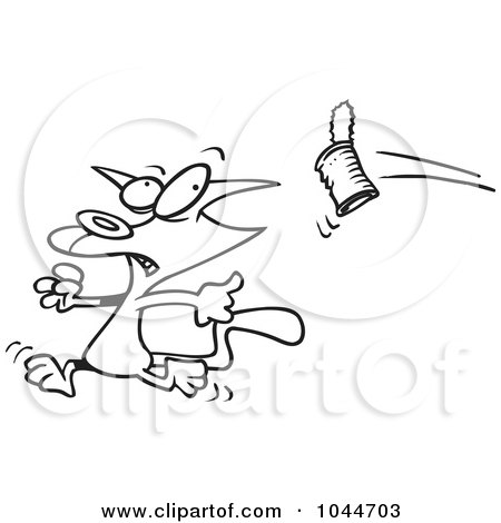 Royalty-Free (RF) Clip Art Illustration of a Cartoon Black And White Outline Design Of A Can Flying At A Cat by toonaday