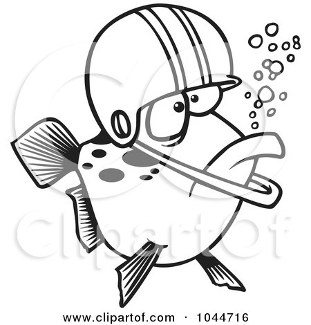 Royalty-Free (RF) Clip Art Illustration of a Cartoon Black And White Outline Design Of A Football Fish Wearing A Helmet by toonaday