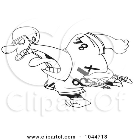 Royalty-Free (RF) Clip Art Illustration of a Cartoon Black And White Outline Design Of A Running Football Player by toonaday