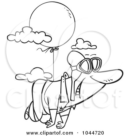 Royalty-Free (RF) Clip Art Illustration of a Cartoon Black And White Outline Design Of A Man Floating Through The Sky With A Balloon by toonaday