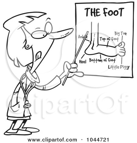 Royalty-Free (RF) Clip Art Illustration of a Cartoon Black And White Outline Design Of A Female Foot Doctor Pointing At A Chart by toonaday