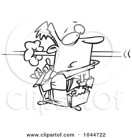 Royalty-Free (RF) Clip Art Illustration of a Cartoon Black And White Outline Design Of A Person Flying By A Businessman by toonaday