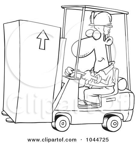 Royalty-Free (RF) Clip Art Illustration of a Cartoon Black And White Outline Design Of A Forklift Operator Moving A Box by toonaday