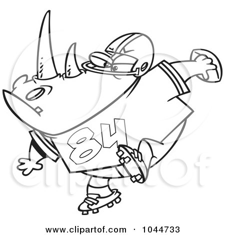 Royalty-Free (RF) Clip Art Illustration of a Cartoon Black And White Outline Design Of A Football Rhino by toonaday