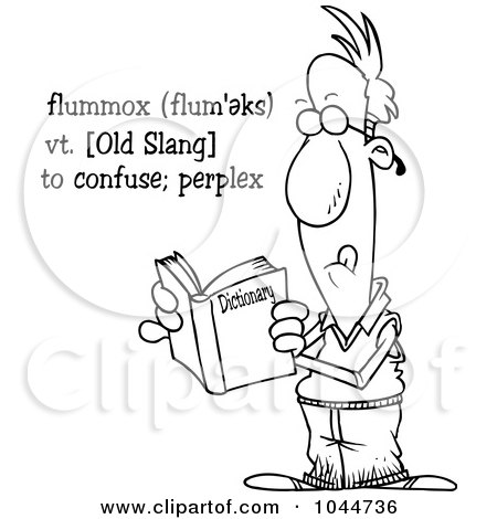 Royalty-Free (RF) Clip Art Illustration of a Cartoon Black And White Outline Design Of A Man Reading The Definition Of Flummox In The Dictionary by toonaday