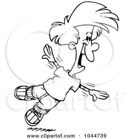 Royalty-Free (RF) Clip Art Illustration of a Cartoon Black And White Outline Design Of A Boy Flapping His Arms And Flying by toonaday