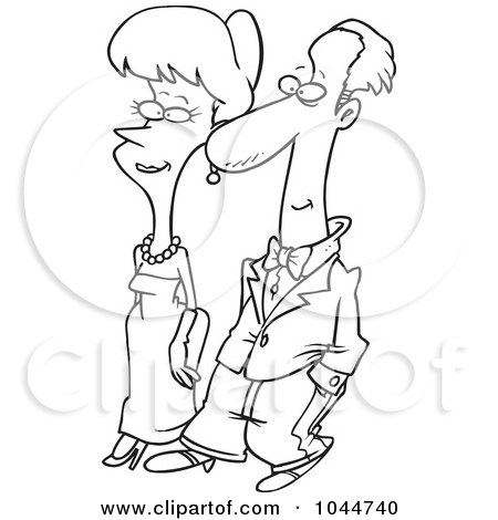Royalty-Free (RF) Clip Art Illustration of a Cartoon Black And White Outline Design Of A Formal Couple Walking by toonaday