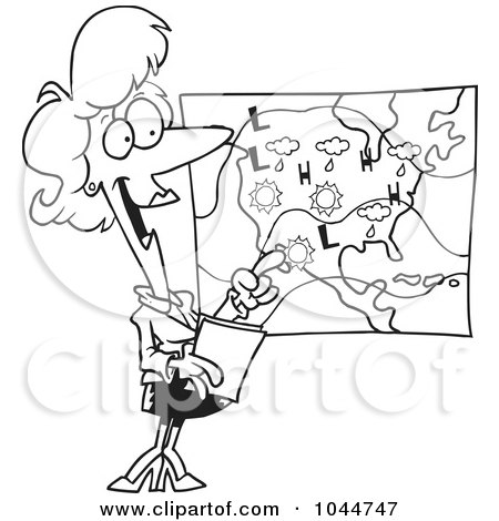 Royalty-Free (RF) Clip Art Illustration of a Cartoon Black And White Outline Design Of A Weather Girl Reading The Forecast by toonaday