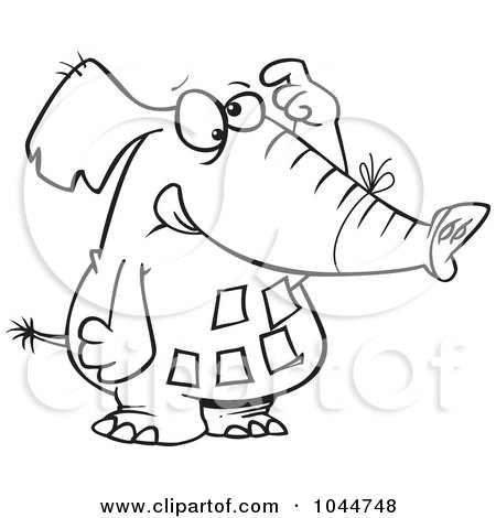 Royalty-Free (RF) Clip Art Illustration of a Cartoon Black And White Outline Design Of A Forgetful Elephant With Notes On His Belly by toonaday