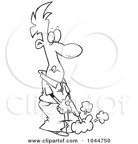 Royalty-Free (RF) Clip Art Illustration of a Cartoon Black And White Outline Design Of A Man Shooting His Own Foot by toonaday